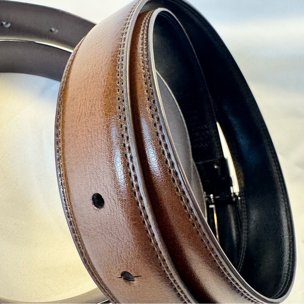 Two Perry Ellis Brown/Black Leather Reversible Belts - Black/Gunmetal 30/32 - Picture 5 of 13